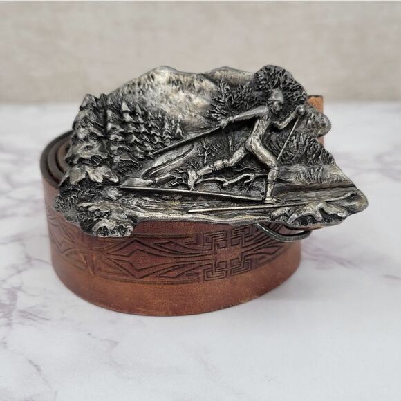 Bergamot Brass Works Vintage 70s Ski 2D Buckle & Leather Belt Men's - Picture 2 of 13